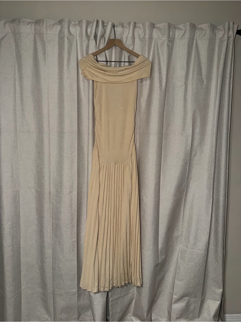 Lioness Cream Off-Shoulder Pleated Maxi Dress